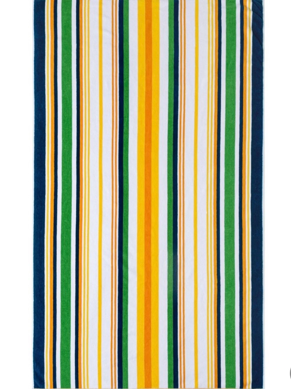 Reversible Striped Beach Towel in Navy, Green, Yellow & White.